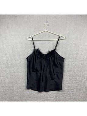 Y2K Dreamgirl Cami Top Coquette Lingerie Goth Alt Grunge Sz L Feather Trim